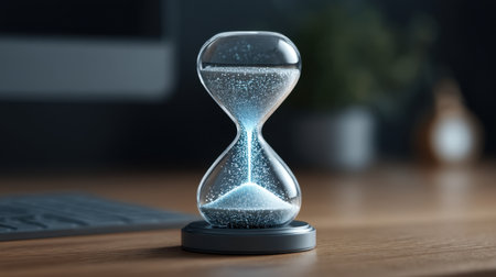 A captivating hourglass filled with sparkling blue sand, symbolizing time management in a modern workspace. Ideal for themes like productivity and inspiration.の素材