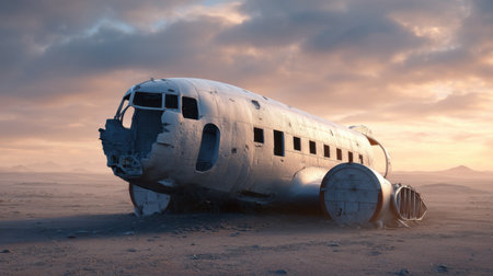 An abandoned aeroplane shell rests in a vast desert landscape, surrounded by soft, dramatic lighting and an intriguing sky, evoking a sense of solitude and mystery.の素材