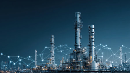 A stunning view of an industrial complex at night, showcasing advanced manufacturing technology and connectivity, emphasizing innovation in modern energy production.の素材