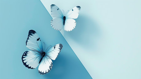 Blue and white 3D butterfly art on a minimalistic poster background, with delicate shadows for a lifelike appearanceの素材