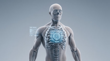 This image features a detailed anatomical representation of the human body, focusing on internal organs and enhanced with digital overlays to signify health monitoring.の素材