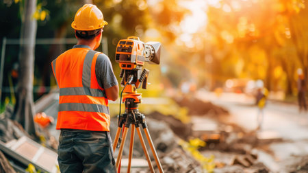A surveyor builder engineer performs surveying work outdoors using theodolite transit equipment, ensuring accuracy at the construction siteの素材