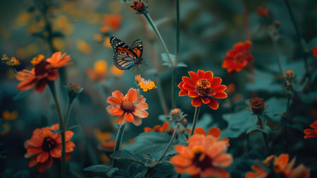 Butterflies dancing around garden flowers, representing the transformation and positive impact on mental health.の素材