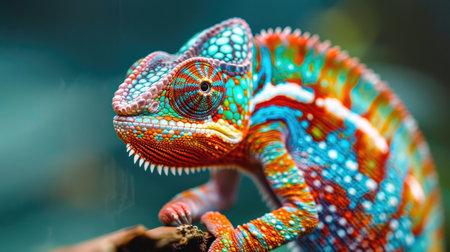 Colorful chameleon in focus, displaying a stunning array of hues. This tropical animal's color-changing feature is on full displayの素材