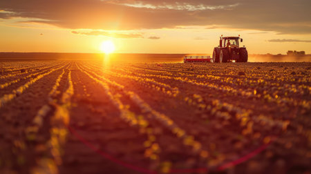 Modern agriculture: Tractors and harvesters in soybean fields at sunset, preparing the soil for spring planting, embodying efficiency and progressの素材