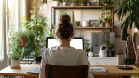 Elevate your presentations with a mockup of a blank screen laptop computer, featuring a businesswoman diligently working on her work project in a home office, surrounded by productivityの素材