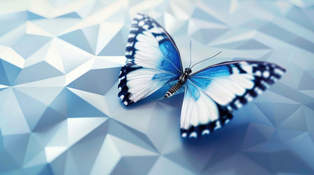 A striking blue and white 3D butterfly on a modern poster background, with a mix of geometric shapes and soft shadows.の素材