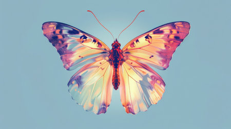 A beautiful digital depiction of a butterfly, gracefully isolated with detailed wings on a serene blue background.の素材