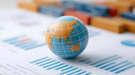 A globe model placed on a financial chart background highlights global data analysis and economic trends, emphasizing the importance of accurate insights in business strategy.の素材