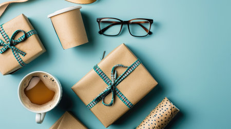 Beautiful gift set arrangement with two wrapped presents, eyeglasses, a coffee cup, and a rolled tie on an elegant blue background.の素材
