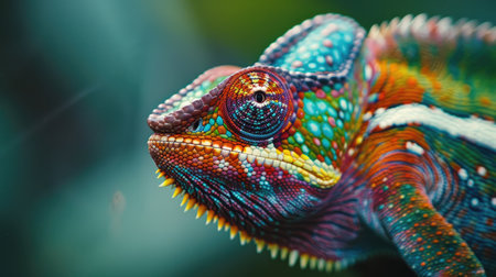 Detailed shot of a chameleon in brilliant colors, capturing the beauty of this tropical animal as it changes shades.の素材