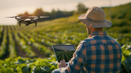 Advanced drones flying over a farm, a farmer using a laptop to analyze data, showcasing the future of smart farming and Agriculture 4.0の素材