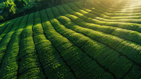 Aerial view of a drone in action over lush tea fields at sunrise, the sun casting long shadows across the meticulously maintained rows of tea plantsの素材