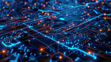 3D abstract digital circuit design in blue, with glowing pathways and chip patterns, representing technological innovationの素材