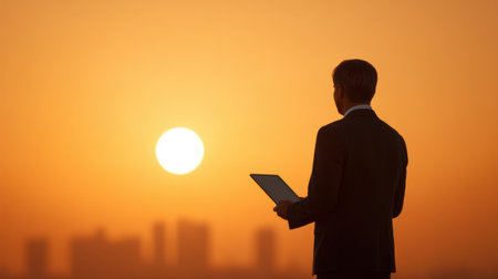 A silhouette of a businessman holding a tablet stands against a breathtaking sunset over the city skyline, capturing the essence of urban life and ambition.の素材