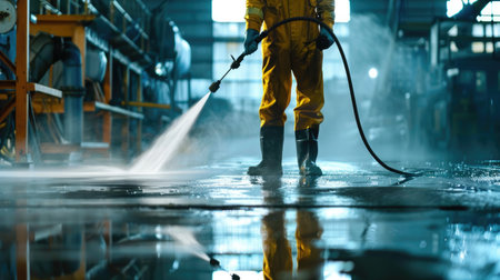 Man wielding high-pressure water sprayer, blasting away dirt and grime for spotless floors in industrial settingsの素材