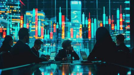 Professionals in a business meeting point at stock charts, discussing trends and strategies for investing.の素材