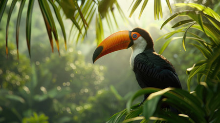 Toco Toucan, a member of the Ramphastidae family, thriving in the dense, vibrant Amazon forest.の素材