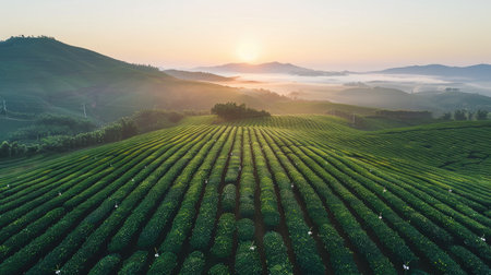 Dawn over a tea field with a drone capturing the tranquil beauty, the sunrise casting a soft glow over the orderly rows of tea plants and distant hillsの素材