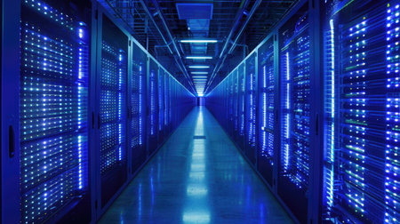 Blue-lit data center corridor: Rows of servers stretch into the distance, illustrating the scale and complexity of modern information storageの素材