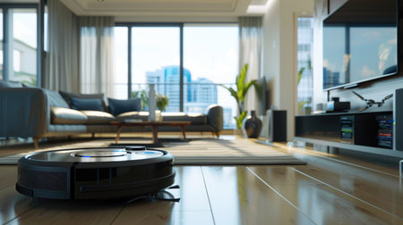 In a modern apartment, an autonomous vacuum cleaner tackles floor cleaning duties in the living room effortlessly.の素材