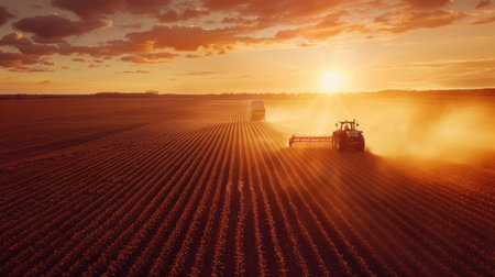 Agricultural teamwork: Tractors and harvesters prepare soybean fields at sunset, highlighting the preparation and dedication of spring farmingの素材