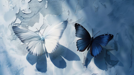Blue and white 3D butterfly art on a minimalistic poster background, with delicate shadows for a lifelike appearanceの素材
