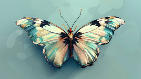 A gorgeous digital illustration of a butterfly, its wings spread wide, elegantly isolated on a calm blue background.の素材