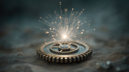 A captivating image featuring a gear with a luminous spark emanating from its center, symbolizing creativity and inspiration. The soft surface enhances the intricate details and aesthetic appeal.の素材