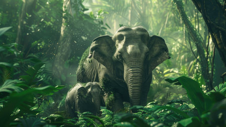 Gentle elephant family walking through the dense jungle, baby elephant staying close to its mother.の素材