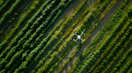 Drone technology transforms agriculture: aerial shot captures drones in flight, optimizing crop management and yield with precision monitoringの素材