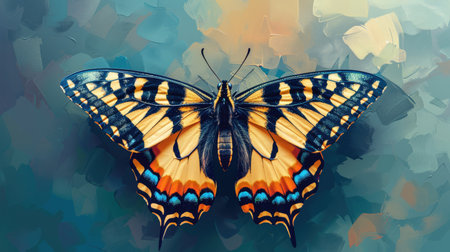 A captivating digital butterfly illustration, beautifully detailed and gracefully set against a peaceful blue background.の素材