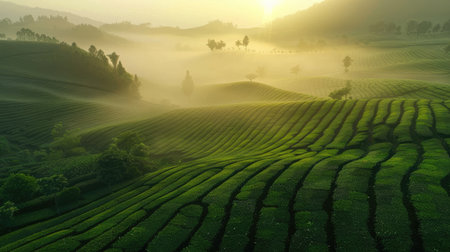 Drone flying over a vast tea field at sunrise, capturing the first light illuminating the neatly arranged rows of tea plants, with morning mist risingの素材