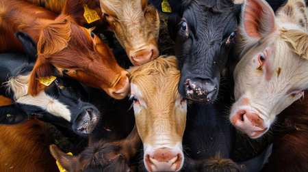 Close-up of livestock faces, including cows, sheep, and pigs, displaying their unique features and personalities.の素材
