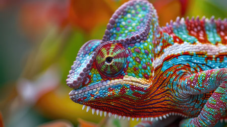 Intricate patterns and vivid colors of a chameleon, captured in a close-up shot. A beautiful example of tropical wildlife and color adaptation.の素材