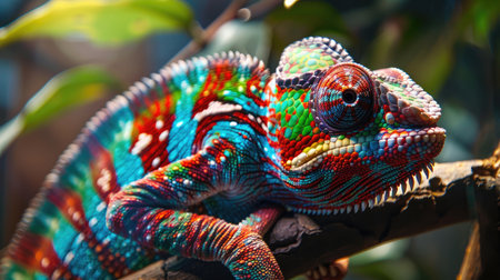 Detailed shot of a chameleon with stunning colors, a fascinating display of tropical wildlife and natural camouflage.の素材