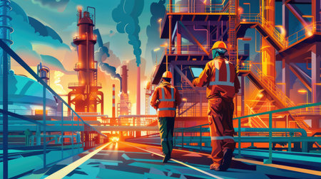 Detailed illustration of engineers in uniform, walking through an oil refinery field at dawn, holding tablets and ensuring everything is in order, with equipment visibleの素材