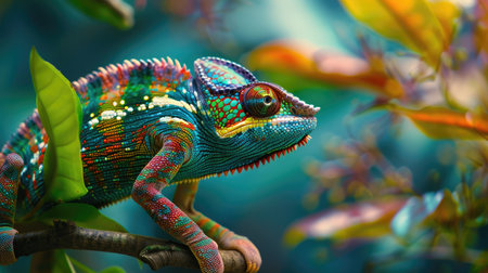 Detailed shot of a chameleon with stunning colors, a fascinating display of tropical wildlife and natural camouflage.の素材