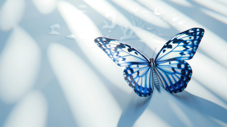 A lifelike blue and white 3D butterfly on a sleek poster background, with light reflections and shadow play.の素材