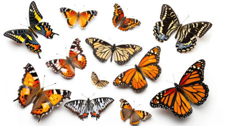 An array of butterflies displaying natural behaviors, from flying to resting, on a pure white background.の素材