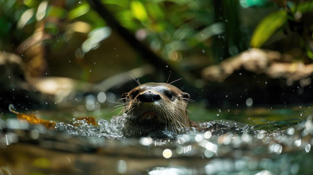 Playful otter swimming in a clear, bubbling stream, surrounded by lush greenery.の素材