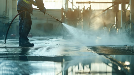 Man wielding high-pressure water sprayer, blasting away dirt and grime for spotless floors in industrial settingsの素材