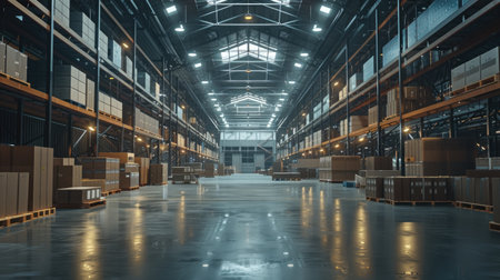 A modern warehouse interior with bright lights, showcasing efficient shipping and cargo management in a large logistics centerの素材