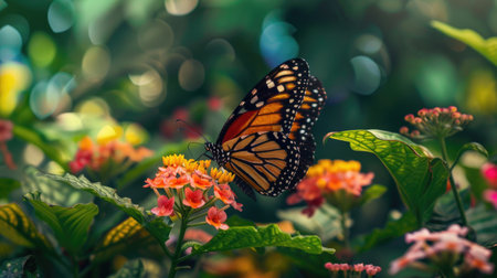 Butterfly feeding on a flower, surrounded by an array of blooming plants in a gardenの素材