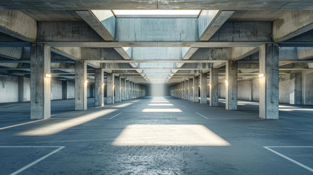 An empty underground parking area with sunlight filtering through skylight portals, illuminating concrete white walls in a modern building.の素材