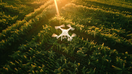 Drone technology transforms agriculture: aerial shot captures drones in flight, optimizing crop management and yield with precision monitoringの素材