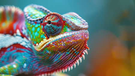 Vivid close-up of a chameleon, highlighting its striking colors and texture. A marvel of tropical wildlife and color adaptation.の素材