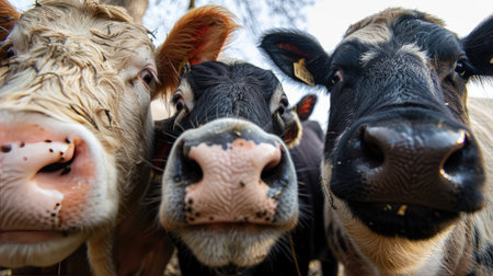 Close-up of livestock faces, including cows, sheep, and pigs, displaying their unique features and personalities.の素材