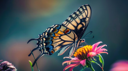 A butterfly delicately balanced on a flower, illustrating the serene beauty of natureの素材
