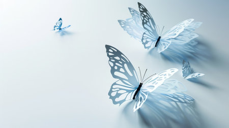 Blue and white 3D butterfly art on a minimalistic poster background, with delicate shadows for a lifelike appearanceの素材